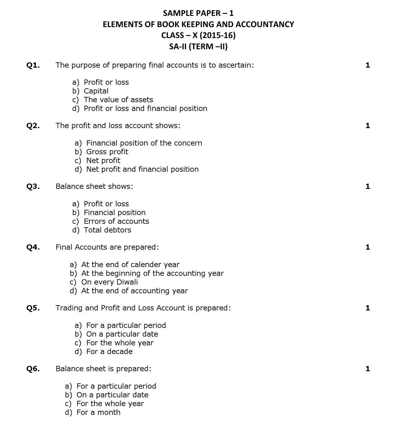 Elements Of Book Keeping And Accountancy CBSE Class X Sample Question Paper 2015 16 - Image 1