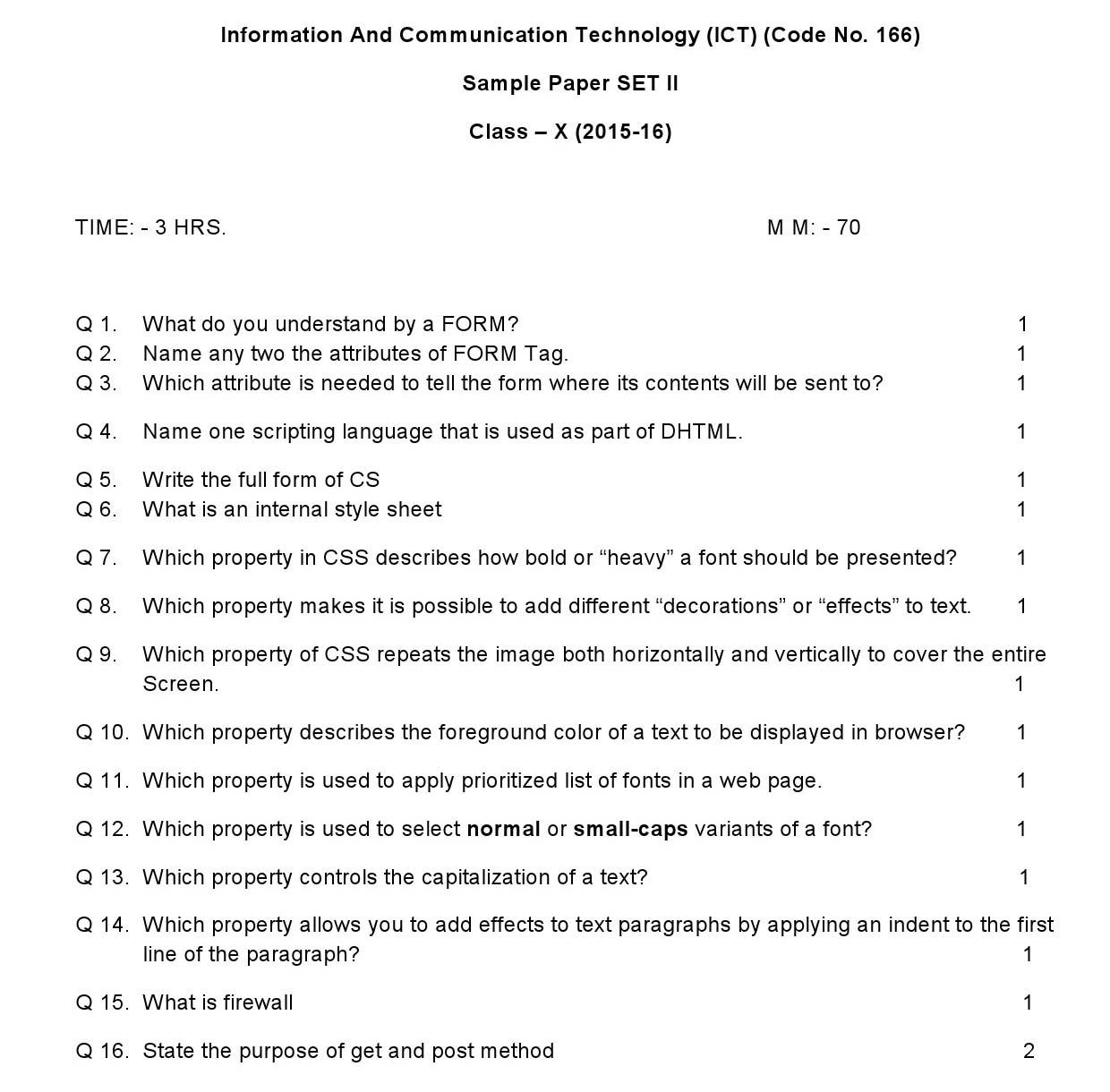 ICT CBSE Class X Sample Question Paper 2015 16 - Image 1