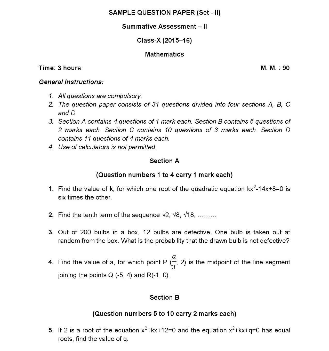 Mathematics CBSE Class X Sample Question Paper 2015 16 - Image 1