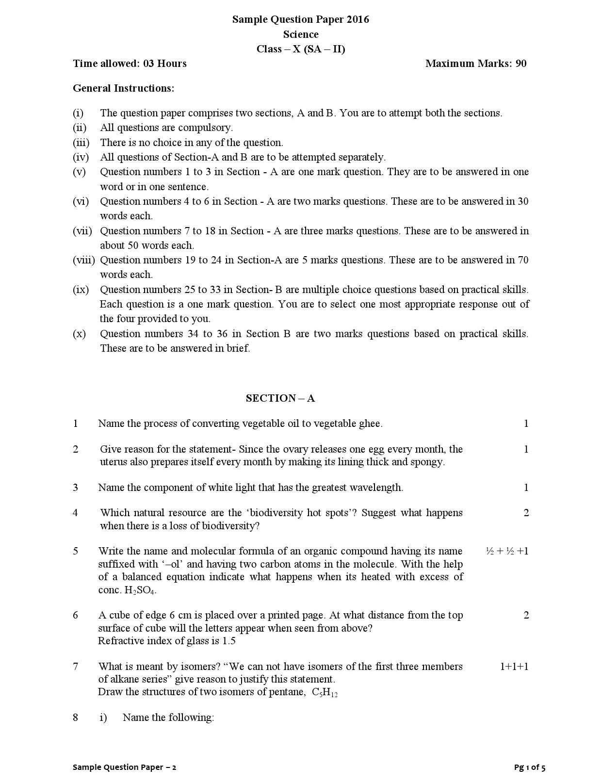 Science CBSE Class X Sample Question Paper 2015 16 - Image 1
