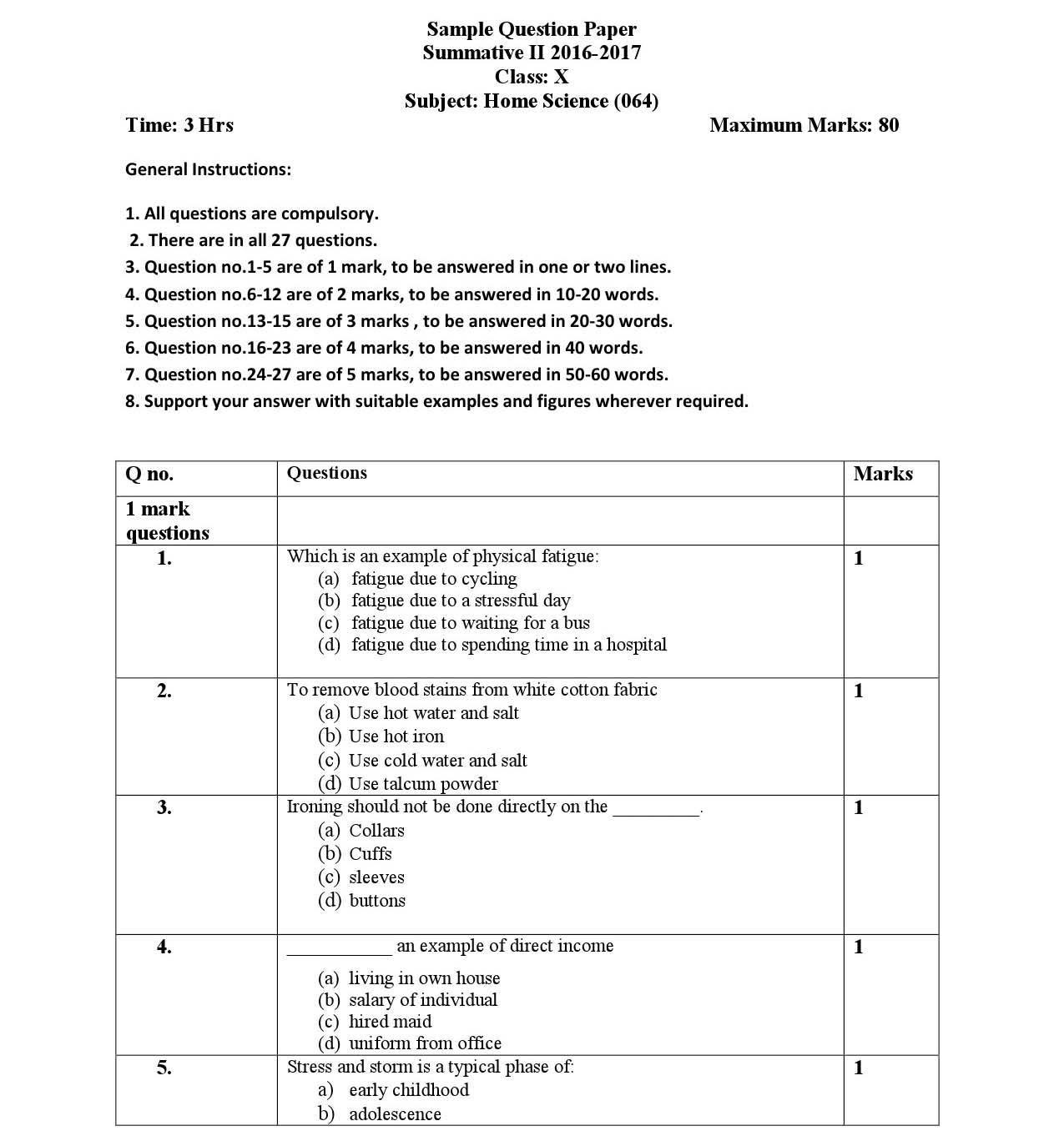Home Science CBSE Class X Sample Question Paper 2016 17 - Image 1