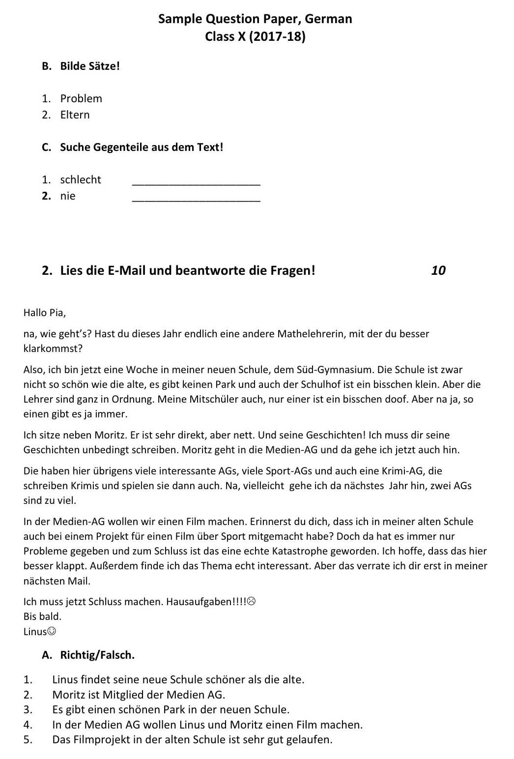 German CBSE Class X Sample Question Paper 2017 18 - Image 2