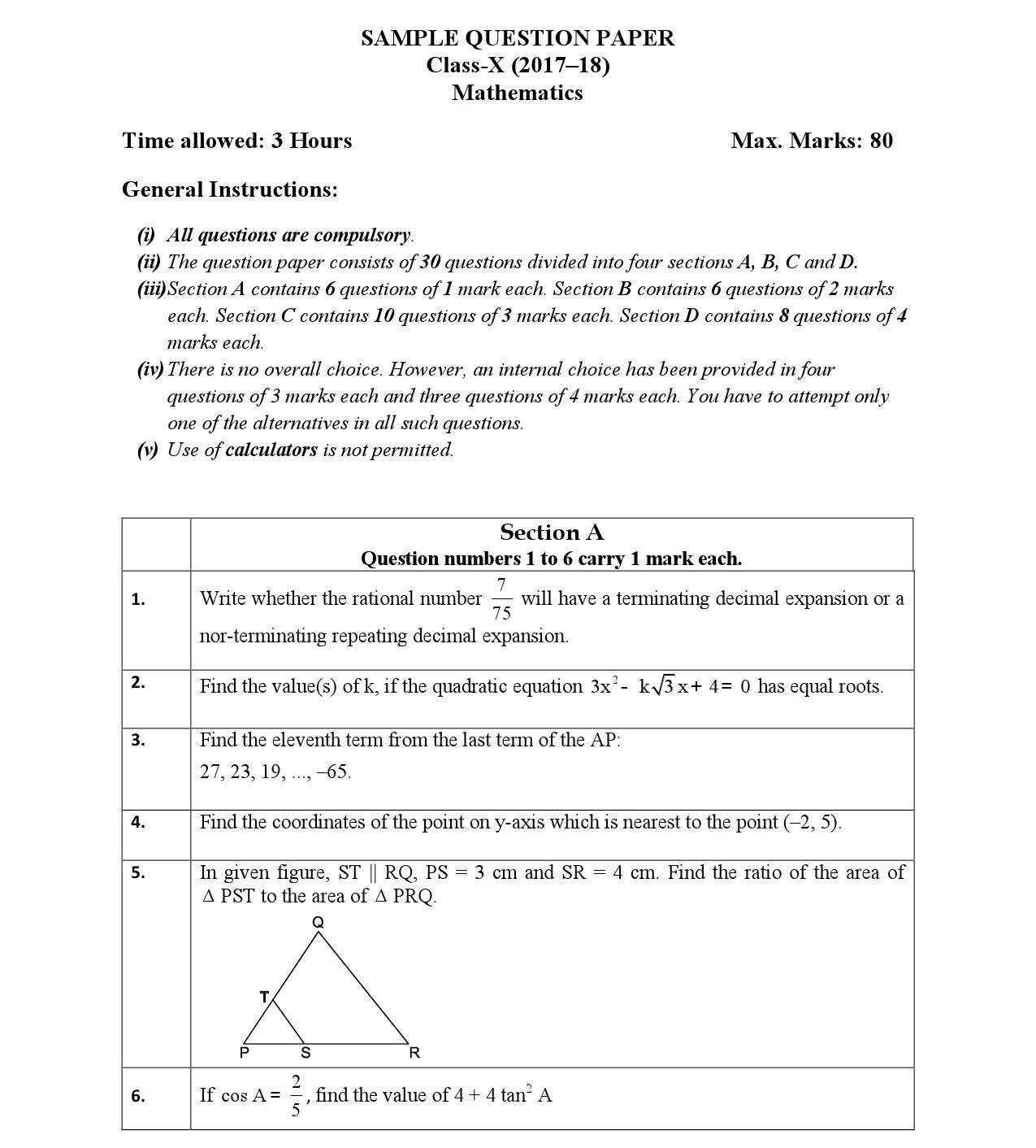 Mathematics CBSE Class X Sample Question Paper 2017 18 - Image 1