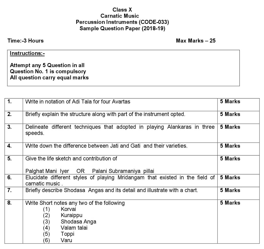 Carnatic Music Percussion Instrument CBSE Class X Sample Question Paper 2018-19 - Image 1