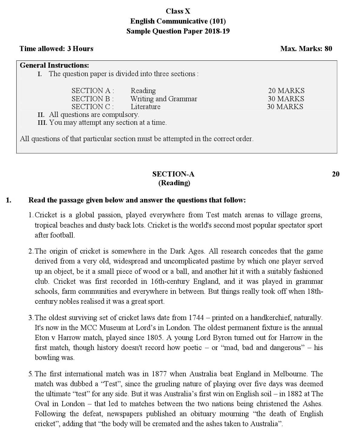 English Communicative CBSE Class X Sample Question Paper 2018 19 - Image 1