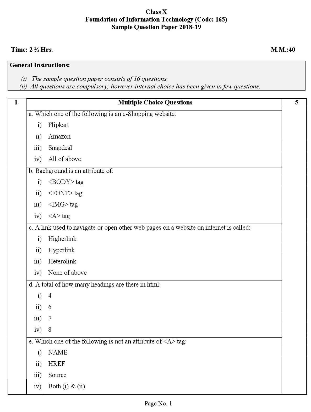 Foundation of Information Technology CBSE Class X Sample Question Paper 2018 19 - Image 1