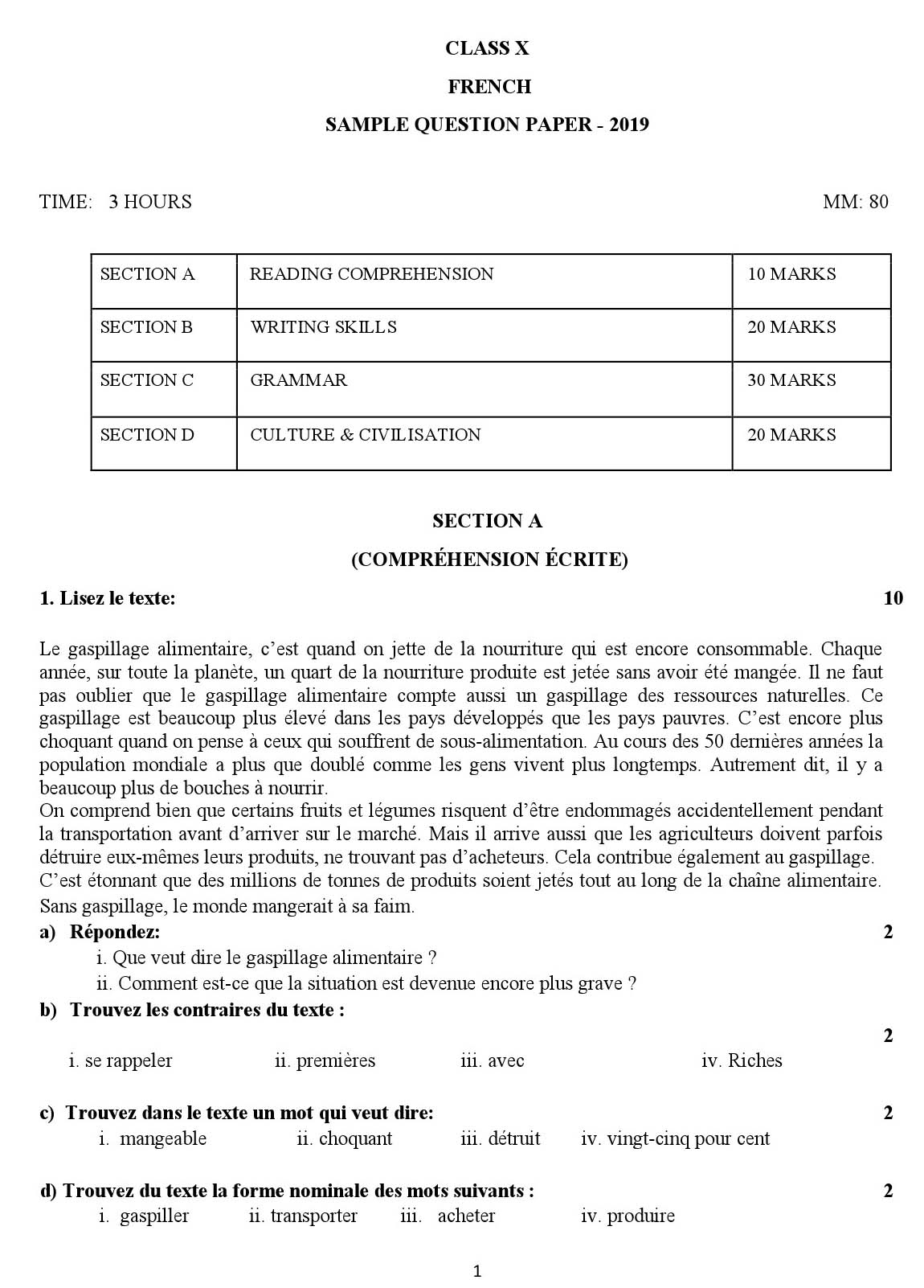 French CBSE Class X Sample Question Paper 2018-19 - Image 1