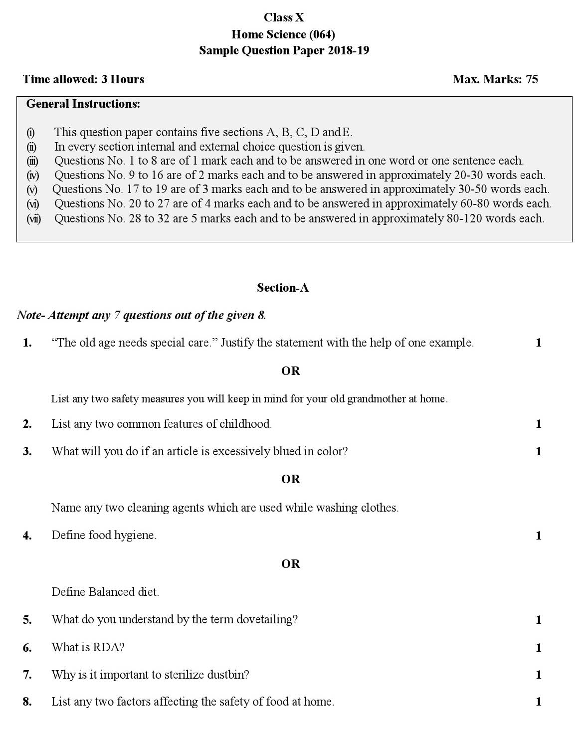 Home Science CBSE Class X Sample Question Paper 2018-19 - Image 1