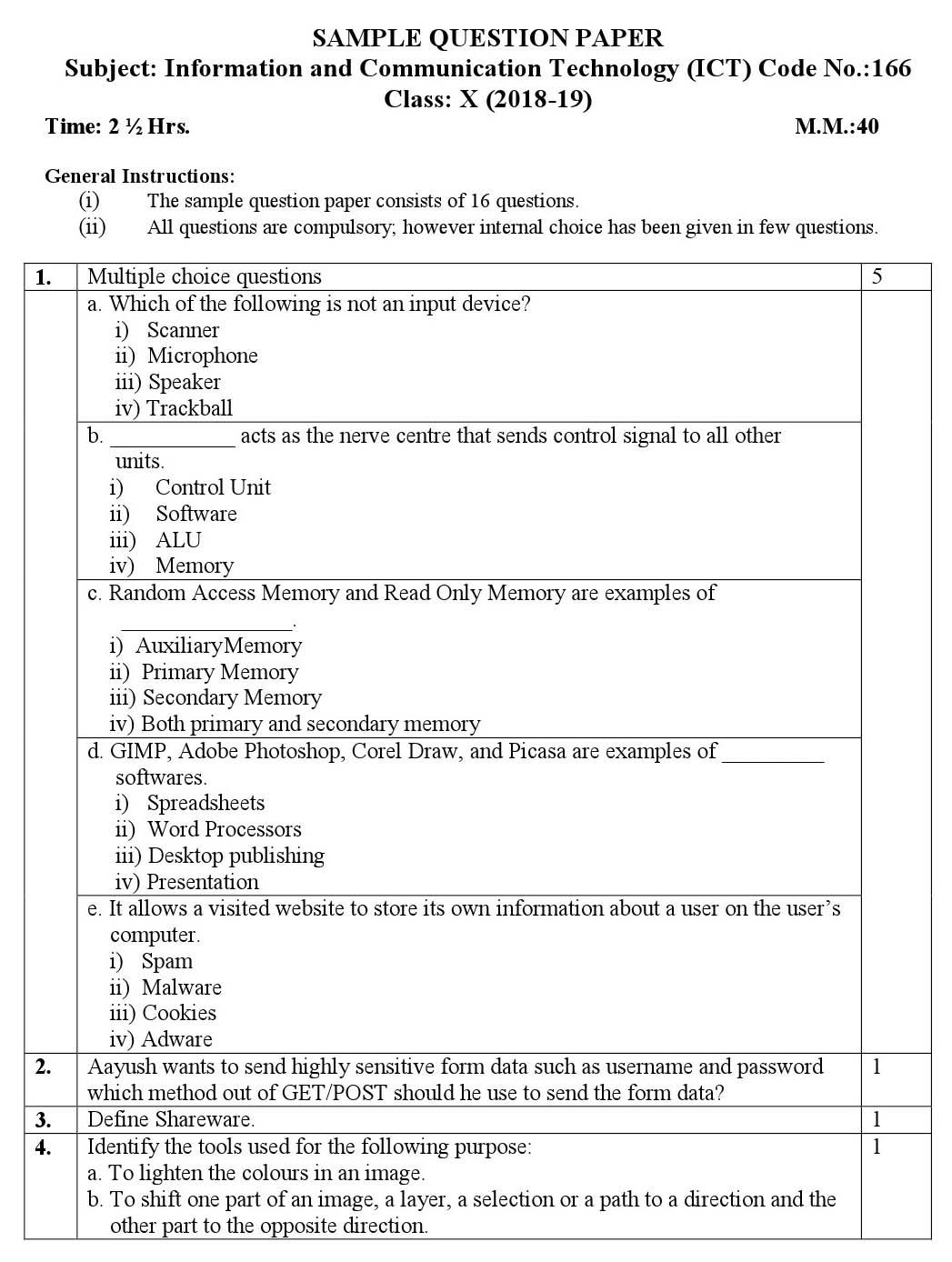 Information and Communication Technology CBSE Class X Sample Question Paper 2018 19 - Image 1