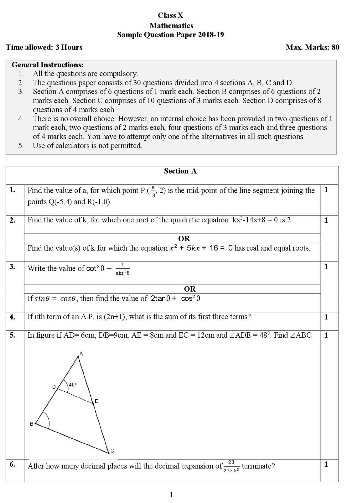 Mathematics CBSE Class X Sample Question Paper 2018 19 - Image 1