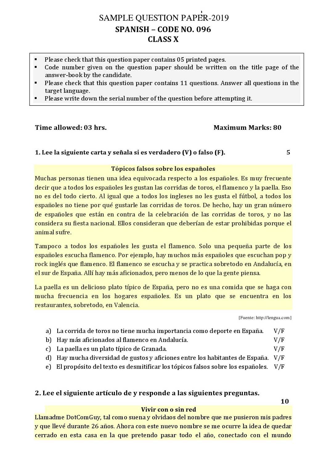 Spanish CBSE Class X Sample Question Paper 2018-19 - Image 1