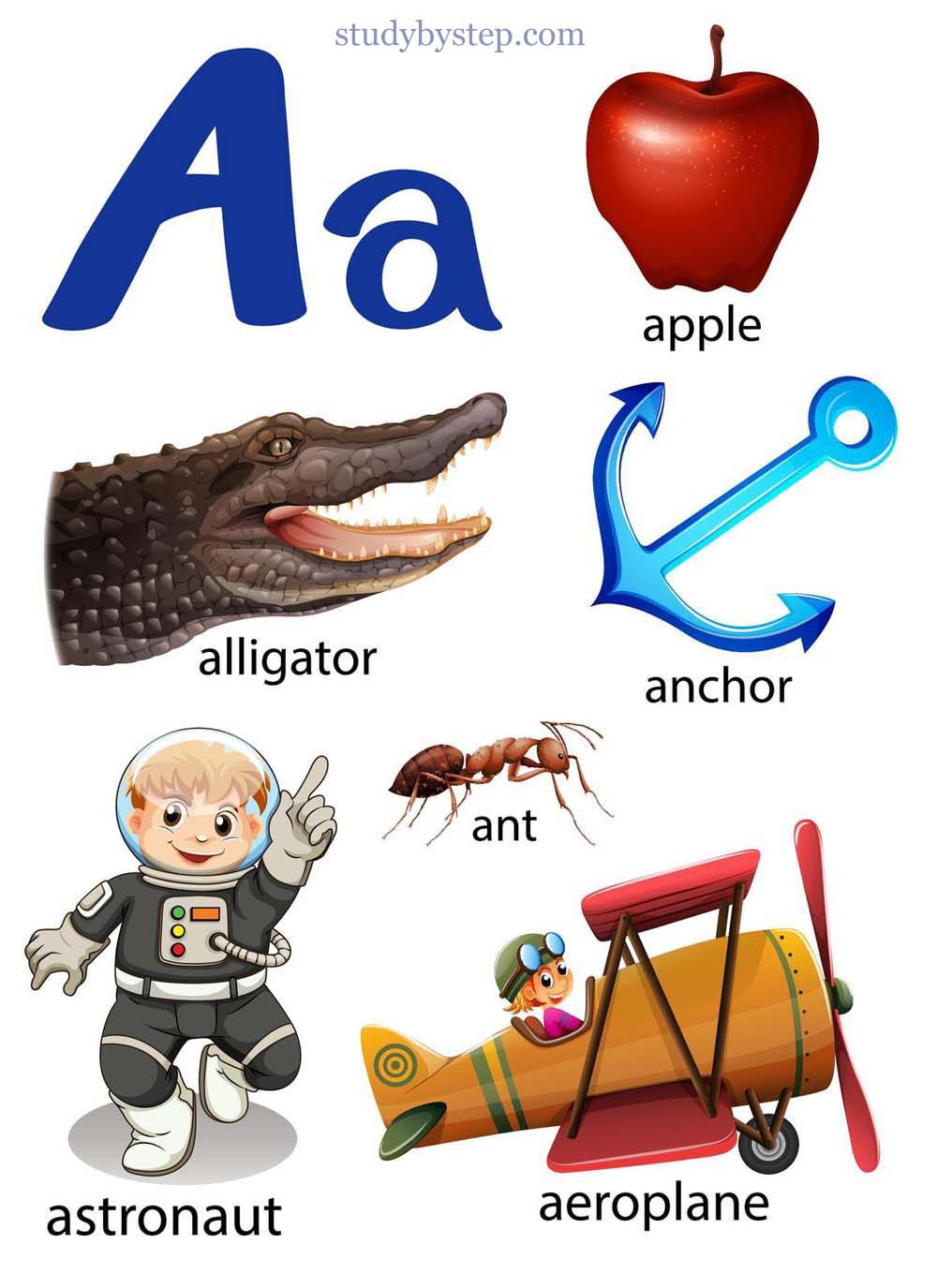 Pictures of Items starting with A - apple, alligator, anchor, ant, astronaut,aeroplane