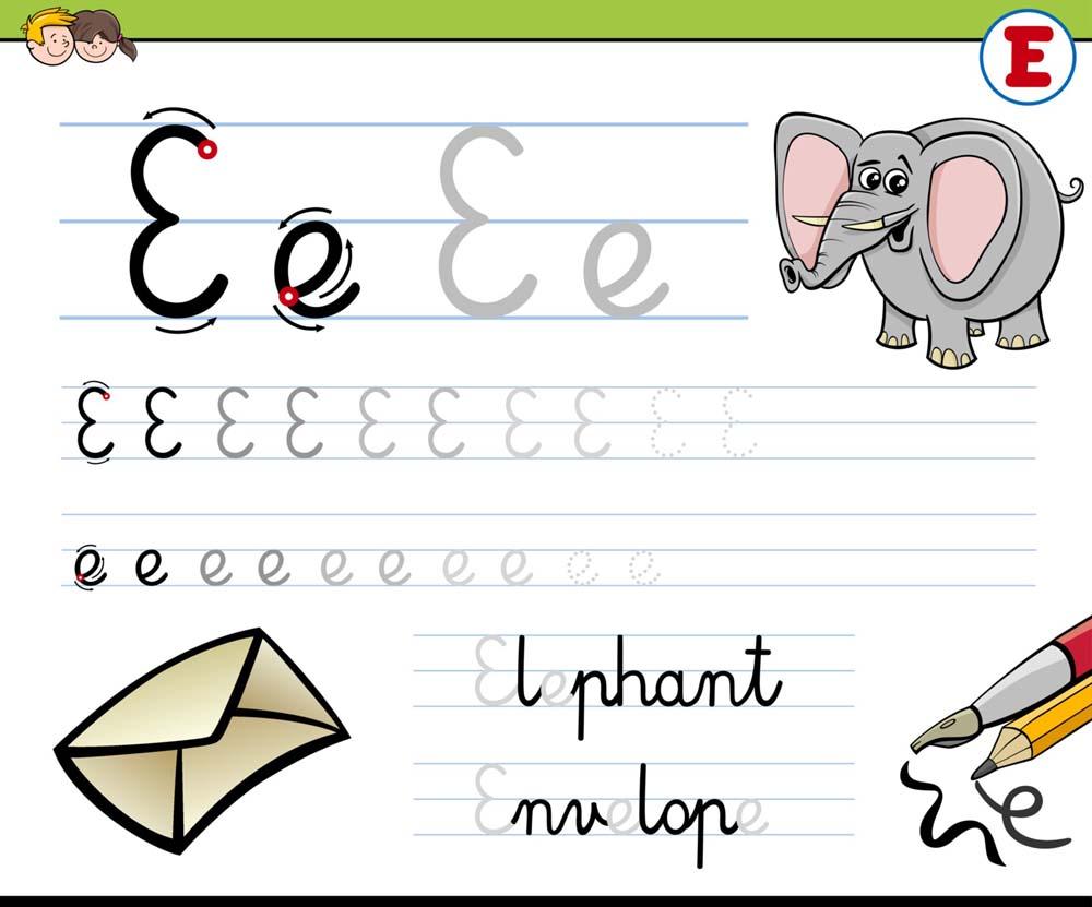 Picture Worksheet 1 Curly Letter e E Elephant Envelope - Tracing Practice of Capital E and Small e