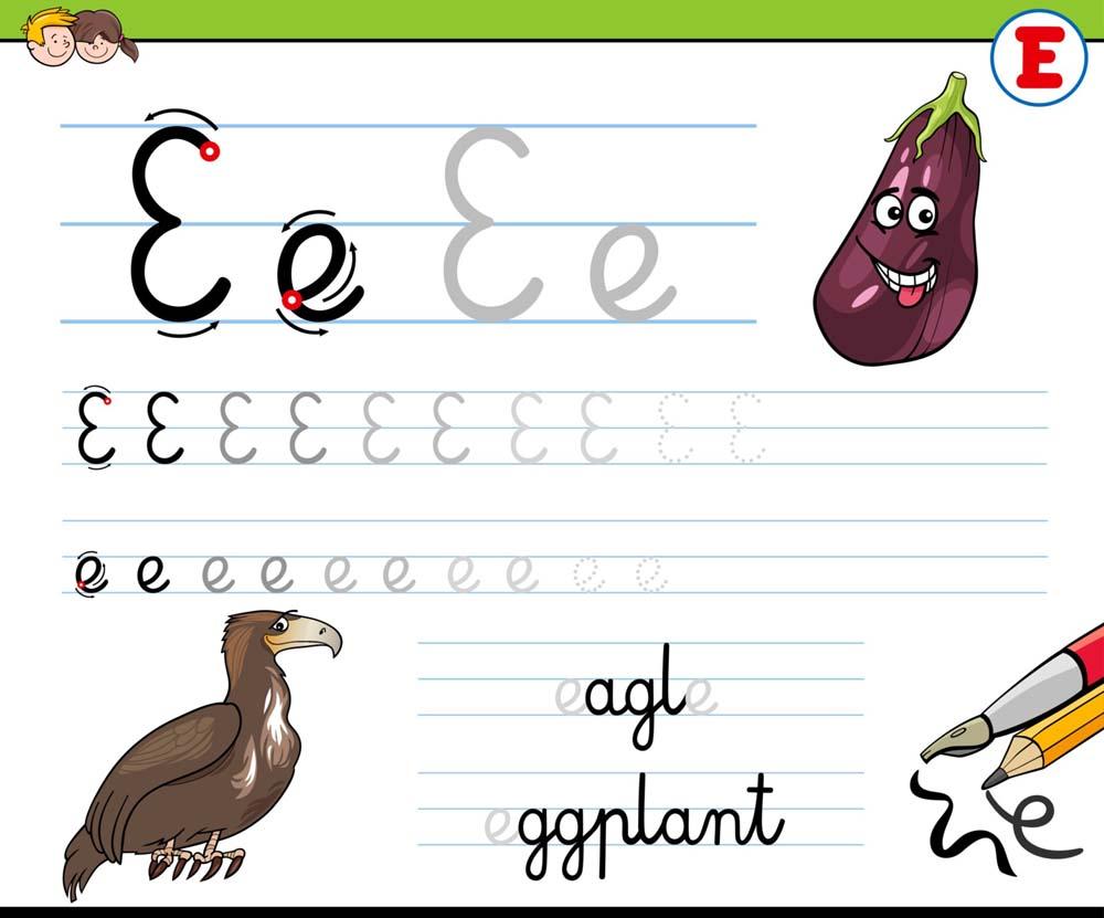 Picture Worksheet 2 Curly Letter e E eagle eggplant - Tracing Practice of Capital E and Small e