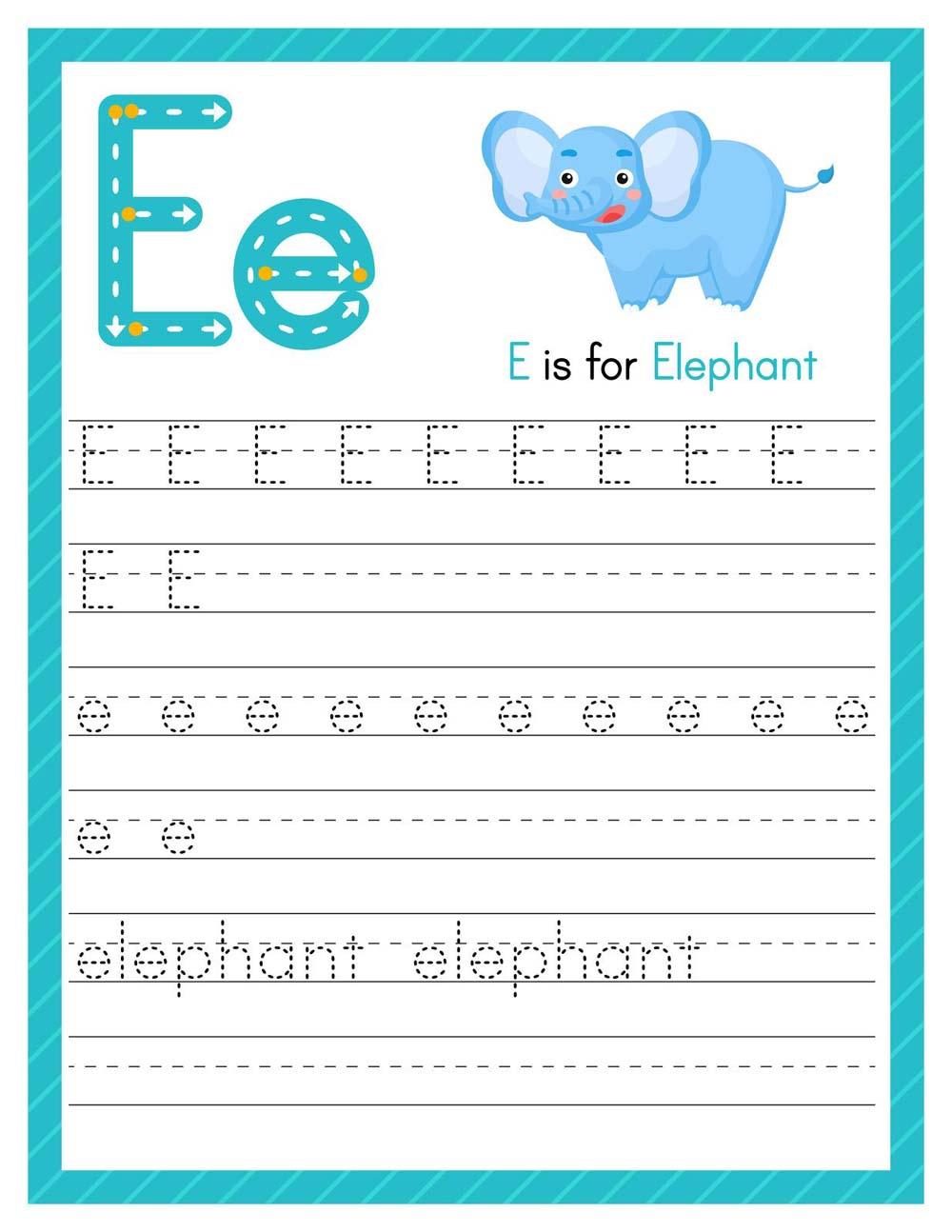 Picture Worksheet 3 E e elephant - Tracing Practice of Capital E and Small e