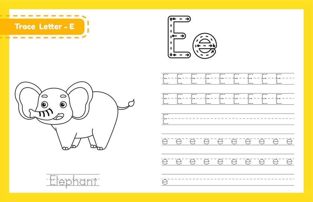 Picture Worksheet 4 3 E e elephant - Tracing Practice of Capital E and Small e