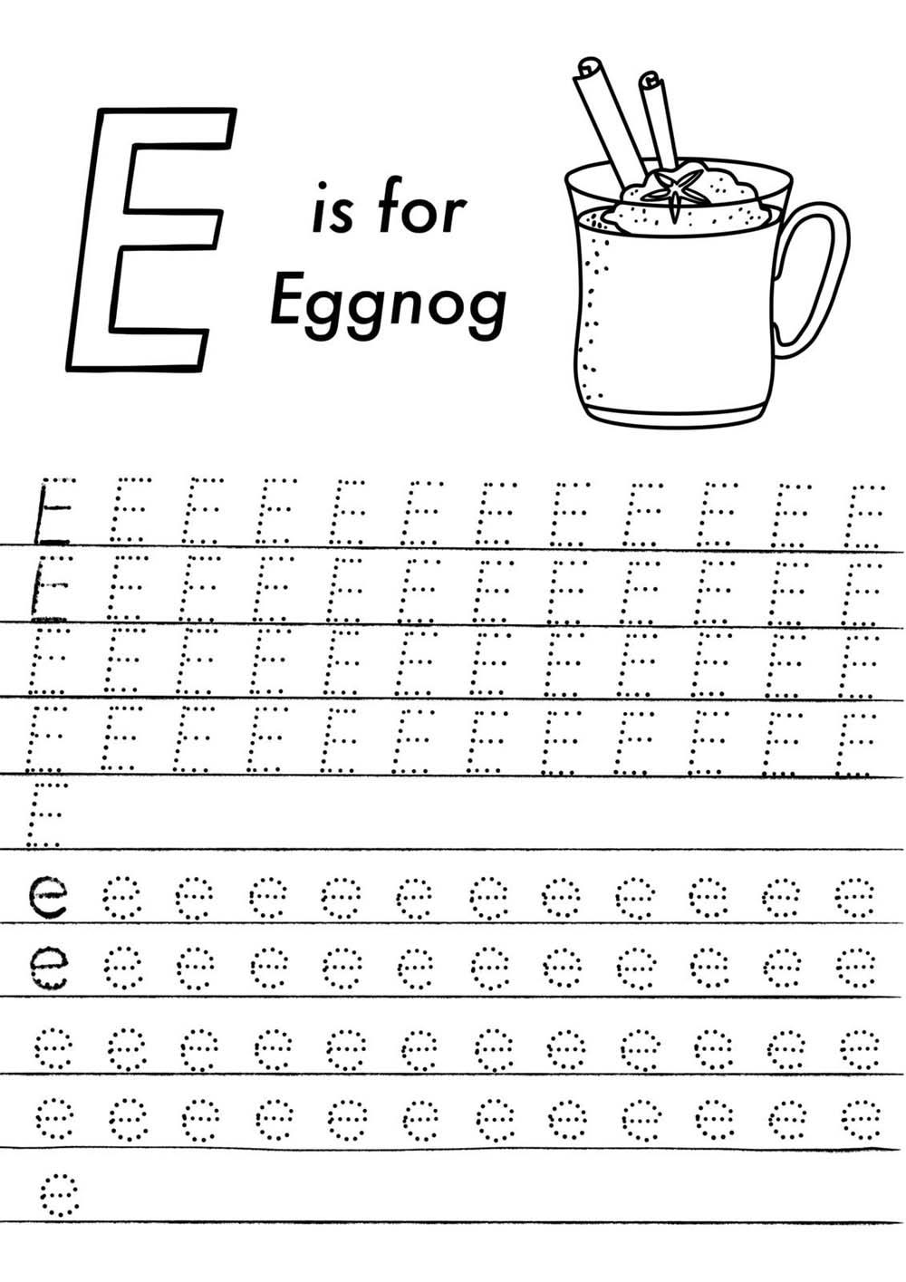 Picture Worksheet 5 e E is for Eggnog - Tracing Practice of Capital E and Small e